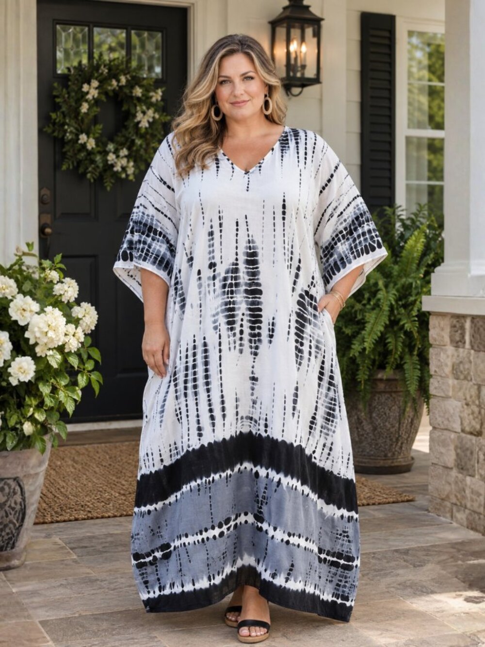 Gypsie Blu Women Black & White Tie Dye Long Kaftan Dress Plus Size Maxi Dresses